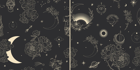 Vector illustration set of moon phases. Different stages of moonlight activity in vintage engraving style. branches of plants and flowers. sacred isoteric geometry