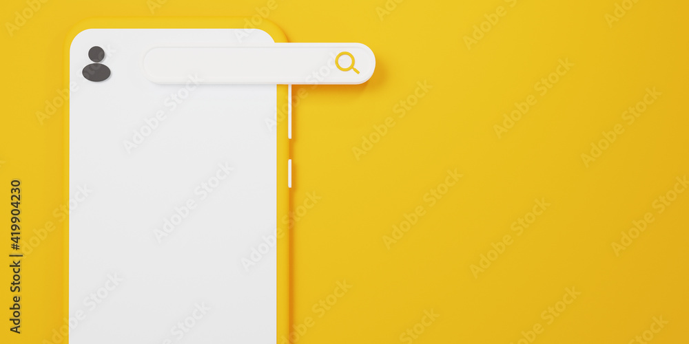 Poster minimal blank 3d illustration search bar yellow coloured. searching, stories of interest on the inte