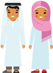 Set of cartoon different arab people in flat colorful style. Illustration of  collection arabic children in national costumes.
