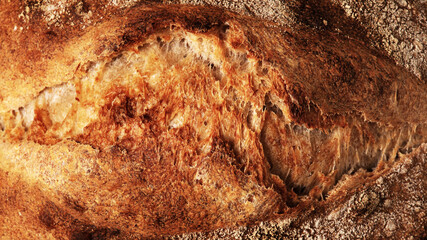 Crust of homemade artisan bread close-up, texture of freshly baked wheat bread