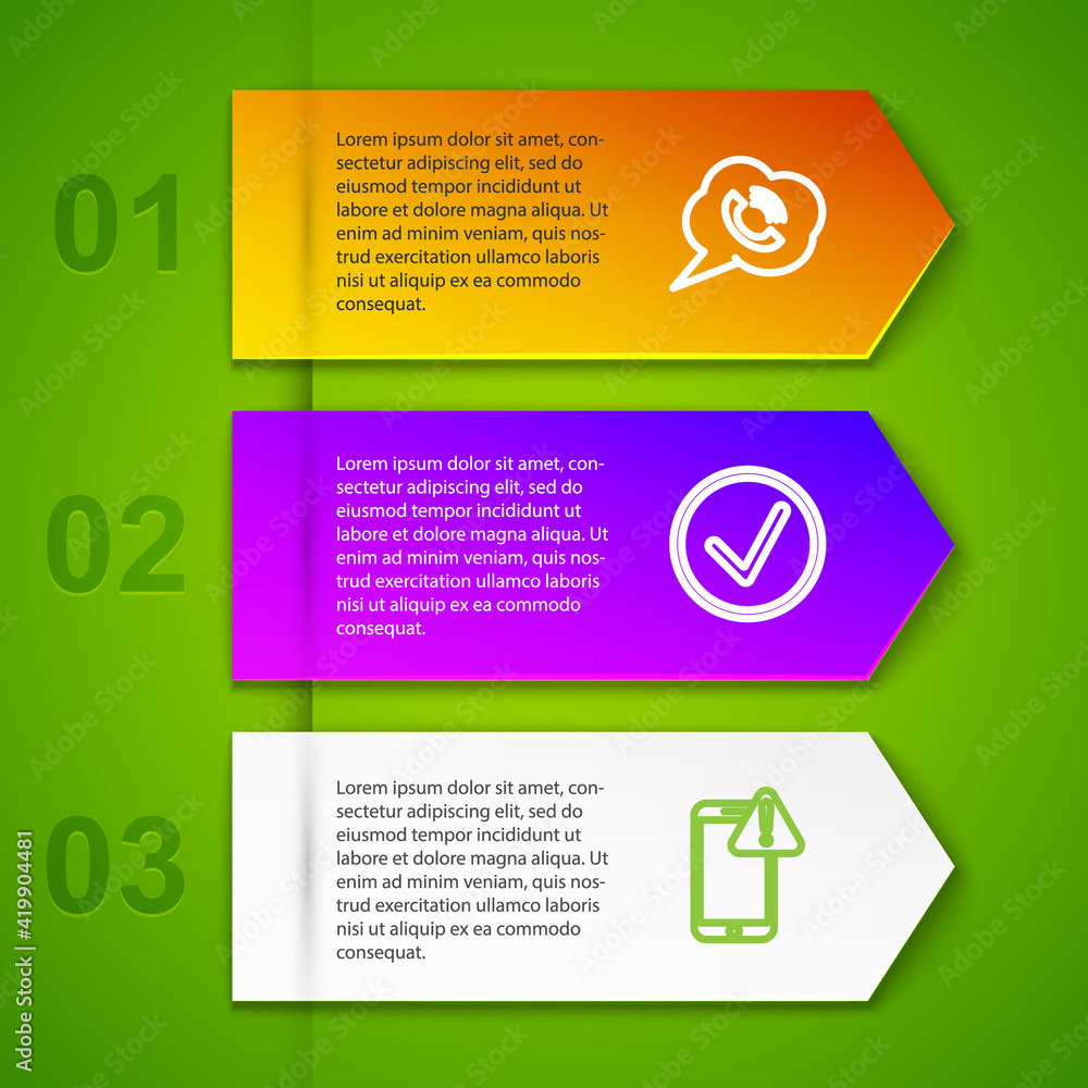 Poster set line speech bubble with phone call, check mark in circle, mobile exclamation and mail and e-mail