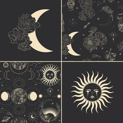 Vector illustration set of moon phases. Different stages of moonlight activity in vintage engraving style. branches of plants and flowers. sacred isoteric geometry
