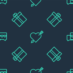 Set line Amour with heart and arrow, Gift box and Like on seamless pattern. Vector