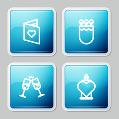 Fototapeta premium Set line Valentines day flyer with heart, Quiver and arrows, Glass of champagne and Bottle love potion icon. Vector