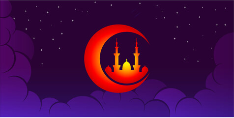 Ramadan dark background mosque in cloud crescent moon vector illustration