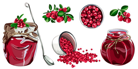 Red cranberry berry flat icon with inscription colorful  illustration of eco food isolated on white.