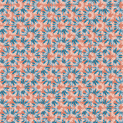 Abstract seamless vector pattern with white and blue daisy petals on orange background. Minimal concept great for summer vintage fabric, scrapbooking, wallpaper, gift-wrap. Surface pattern design.