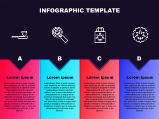 Set line Smoking pipe, Magnifying glass and marijuana, Shopping paper bag of and Marijuana or cannabis leaf. Business infographic template. Vector