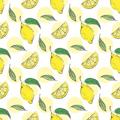 Lemon hand draw seamless pattern background wallpaper. Cute seamless pattern with lemons. Vector seamless pattern with lemon, leaves and flower. Citrus line seamless background.
