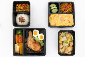 Four lunch box set. Thai food concept isolate in white background.