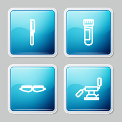 Set line Medical saw, Test tube with blood, Safety goggle glasses and dental chair icon. Vector