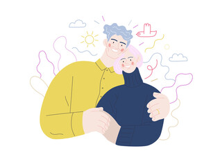 Medical insurance illustration -senior citizen health plan -modern flat vector concept digital illustration of a happy elderly embracing couple, medical insurance plan