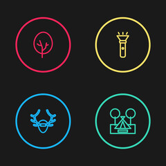 Set line Deer antlers on shield, Tourist tent, Flashlight and Tree icon. Vector