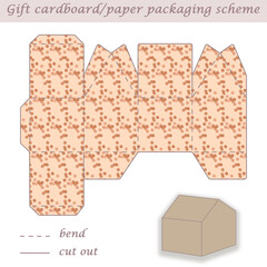 Printable packaging and wrapping scheme box for gifts, presents and events, convertible to different sizes, 3D, laser cut, craft art, house shaped