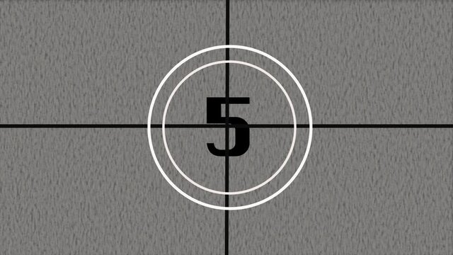 Universal Countdown Leader with film perforations, perfs or sprocket holes. Countdown Clock from 10 to 0. Effect of old film rolling with details, scratches, markers, grain. 
