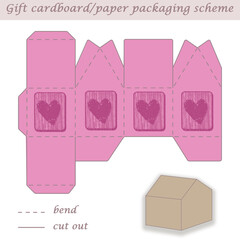 Printable packaging and wrapping scheme box for gifts, presents and events, convertible to different sizes, 3D, laser cut, craft art, house shaped