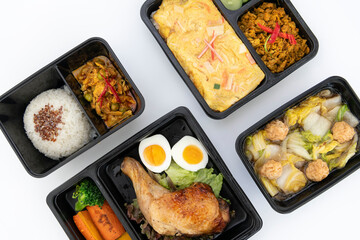 Four lunch box set. Thai food concept isolate in white background.