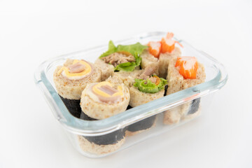 Sandwich bred roll in glass contain box isolate in white background.