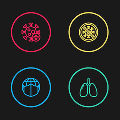 Set line Earth with medical mask, Lungs, Stop virus and Positive icon. Vector