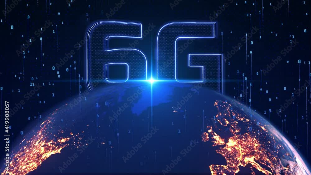 Poster earth globe 6g network iot internet of things future benefits. worldwild orb dark blue icons loop an