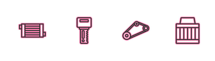 Set line Car radiator cooling system, Timing belt kit, key with remote and air filter icon. Vector