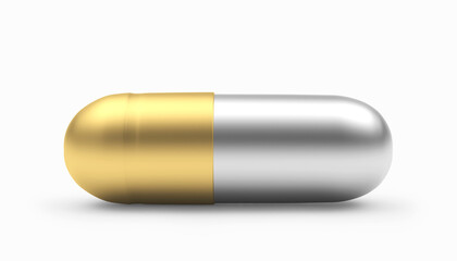 Medical capsule made of gold and silver isolated on white. 3D illustration 