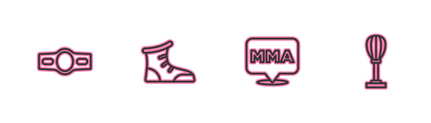 Set line Boxing belt, Fight club MMA, Sport boxing shoes and Punching bag icon. Vector