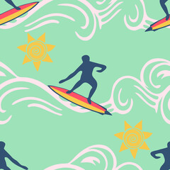 Fototapeta na wymiar Seamless vector pattern with surfer silhouette on pastel blue background. Simple lifestyle wallpaper design. Happy sport fashion textile.