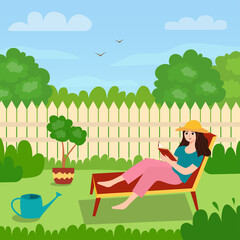 Fototapeta na wymiar A girl on a lawn chair in the backyard reading a book. Vector illustration with relaxing outdoor garden recreation concept