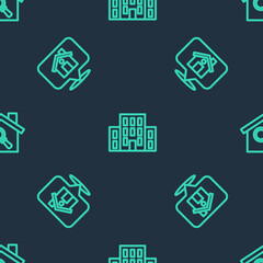 Set line House, Location with house and Search on seamless pattern. Vector