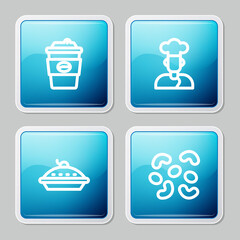 Set line Coffee cup to go, Cook, Homemade pie and Jelly candy icon. Vector
