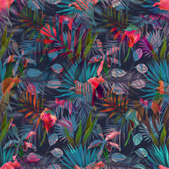 Seamles Leaves Pattern In Elegant Style. Tropical palm leaves, jungle leaves seamless floral pattern background