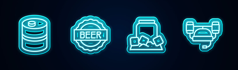 Set line Metal beer keg, Bottle cap with, Cold can and Beer helmet. Glowing neon icon. Vector