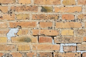 Symmetrical brick wall background. Red and brown colored terracotta bricks from an abandoned house, some clean, some dirty. Cracks in the wall.