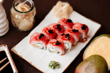 Sushi set with tuna and black caviar, beautifully served in the restaurant
