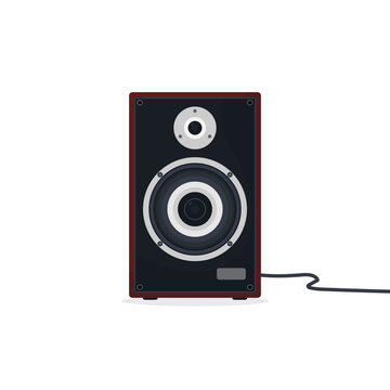 Black and gray loudspeaker with red wood case. Hi-fi or high-end class acoustic speaker or audio monitor with wire. 