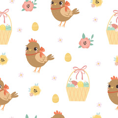 Easter seamless pattern. Cute chicken, eggs and cake, cartoon Easter pattern