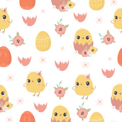 Easter seamless pattern. Chicken in an egg, a spring farm pattern. Cute birds