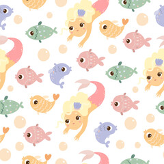 Cute cartoon pattern with fish and a little mermaid. Sea bottom, charming sea characters