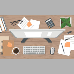 Realistic workplace organization. Top view with textured table, flowerpot, computer, calculator and coffee mug. Stock vector illustration