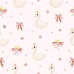 Seamless pattern with swan princess, ballet and pointe shoes. Delicate pastel ballet pattern. Background for a newborn baby
