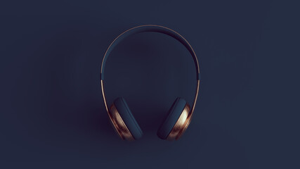 Bronze Navy Blue Headphones with Navy Blue Background 3d illustration render