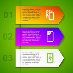 Set line Mobile with broken screen, Smartphone and charging battery. Business infographic template. Vector