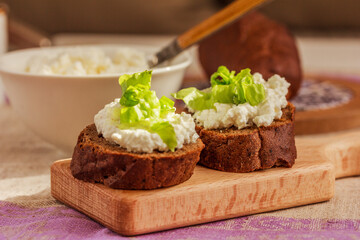 Topped rye bread, bowl with cottage cheese. Healthy food idea. Side view