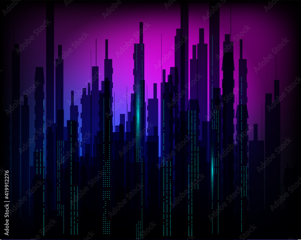Poster data streams like a dark city move against a dark neon background. abstract background in cyberpunk 