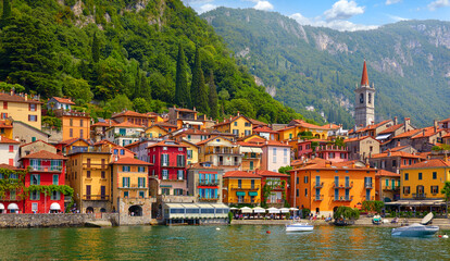 Varenna, Italy. Picturesque town at lake Como. Colourful motley Mediterranean houses at stone beach...