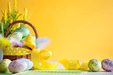 Happy Easter. Congratulatory easter background. Easter eggs and flowers. Background with space for copying. Selective focus.
