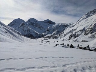 Ski tour in davos above sertig. skimo mountaineering to the tallihorn summit. Wonderful winter landscape in Switzerland
