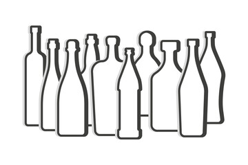 Group of bottles. Vodka red wine champagne whiskey liquor rum martini vermouth beer tequila bottle. Simple linear shape. Isolated object. Symbol in thin lines. Flat illustration on white background