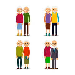 Four couple older people. People stand in pairs. Elderly man and woman stand together and hug each other. Set illustration isolated on white background in flat style